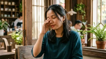 Người phụ nữ Việt Nam đang nhẹ nhàng dụi mắt để giải mã xem ngứa mắt trái là điềm gì