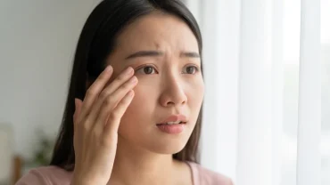Phụ nữ dùng tay xoa nhẹ khi ngứa mắt trái do kích ứng hoặc dự cảm điềm báo tâm linh