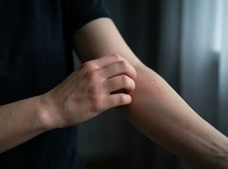 Bàn tay nhẹ nhàng gãi lên vùng da tay bị kích ứng và mẩn đỏ trong bóng tối