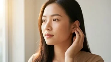 Người phụ nữ đang đưa tay chạm nhẹ lên tai với vẻ mặt suy tư, thắc mắc hiện tượng ngứa tai là điềm gì