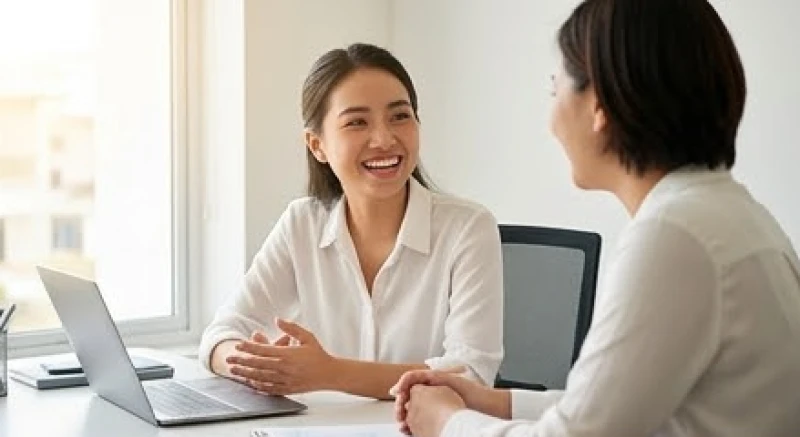 Ngứa tai là điềm gì: Tra cứu 24h nam nữ và hướng dẫn y tế 2 Người phụ nữ văn phòng mỉm cười rạng rỡ khi nhận được sự hỗ trợ nhiệt tình từ đồng nghiệp xung quanh