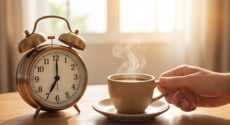 Một chiếc đồng hồ để bàn chỉ 7 giờ sáng đặt cạnh ly cà phê và bàn tay phải đang vươn ra