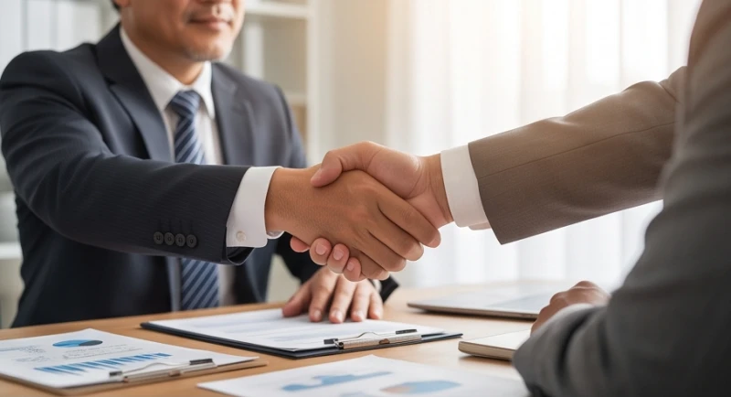 Hai người đàn ông mặc vest công sở đang bắt tay nhau ký kết hợp đồng trên bàn làm việc