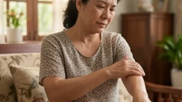 Người phụ nữ xoa bóp cánh tay khi thắc mắc ngứa và nhức trên cơ thể là điềm gì