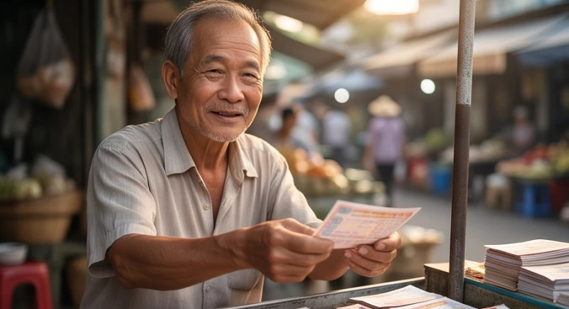 Cụ ông hiền từ bán vé số dạo đang nở nụ cười và đưa tờ vé số bằng hai tay cho khách hàng