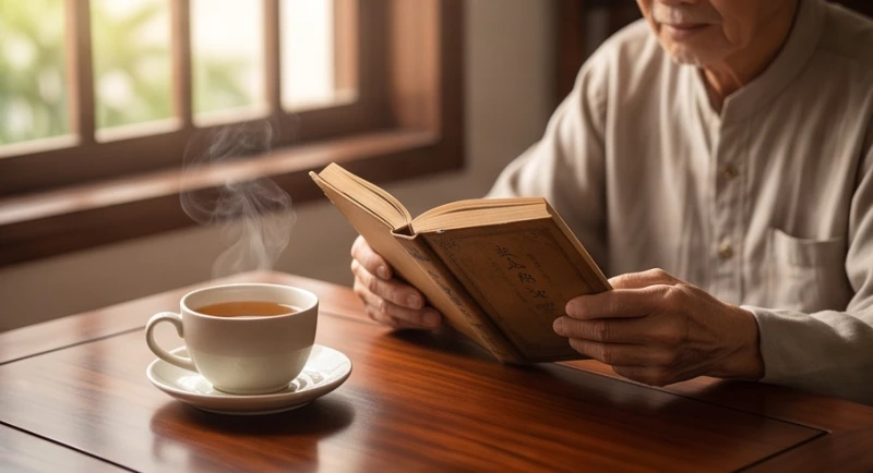 Người lớn tuổi đang ngồi thư thái đọc sách và thưởng trà trong một không gian thanh tĩnh