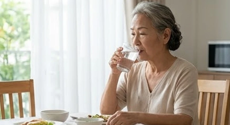Sặc nước bọt là điềm gì: Tra cứu 12 khung giờ & dấu hiệu y khoa 5 Người cao tuổi uống nước chậm rãi để phòng ngừa nguy cơ sặc nước bọt do chức năng nuốt bị lão hóa
