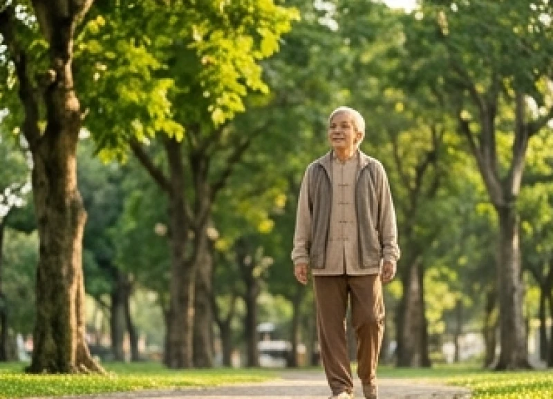 Sức khỏe tuổi Mùi năm 2027: Dự báo bệnh lý và lịch tháng hạn 4 Người lớn tuổi thong thả đi bộ tập thể dục buổi sáng tại khu vực công viên thoáng đãng