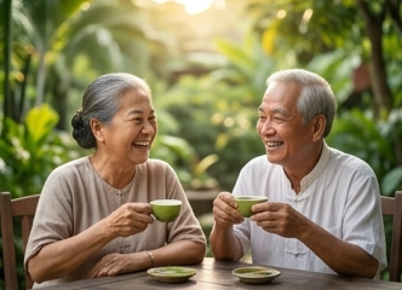 Hai người lớn tuổi đang vui vẻ trò chuyện và thưởng trà trong một khu vườn xanh mát thanh bình.