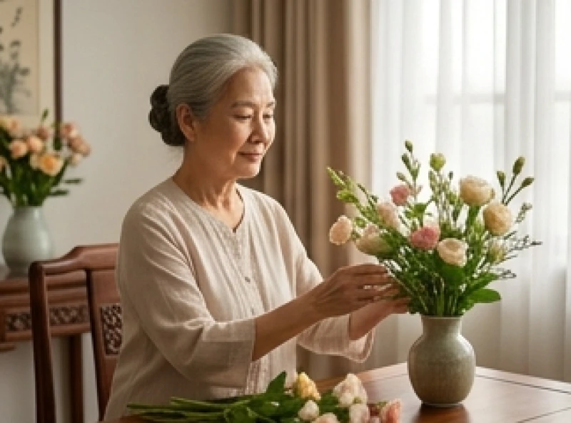 Một cụ bà với nét mặt hiền từ đang cắm hoa và thư giãn tinh thần trong một không gian yên bình tĩnh lặng
