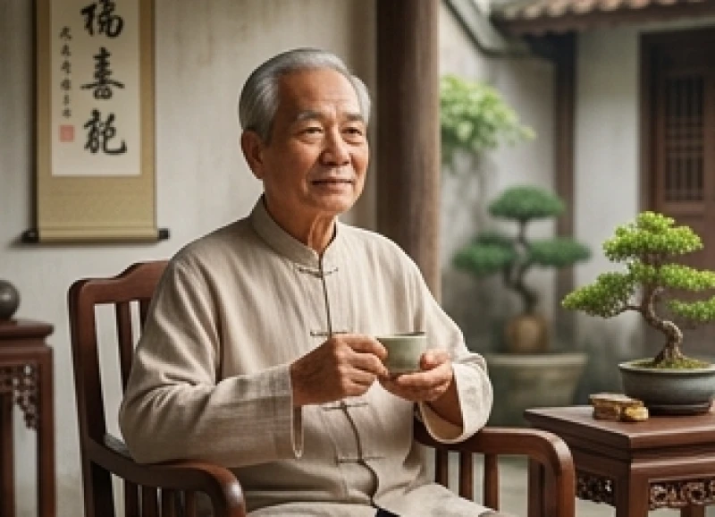 Người đàn ông cao tuổi thảnh thơi thưởng trà trong không gian ấm cúng mang đậm nét văn hóa Việt