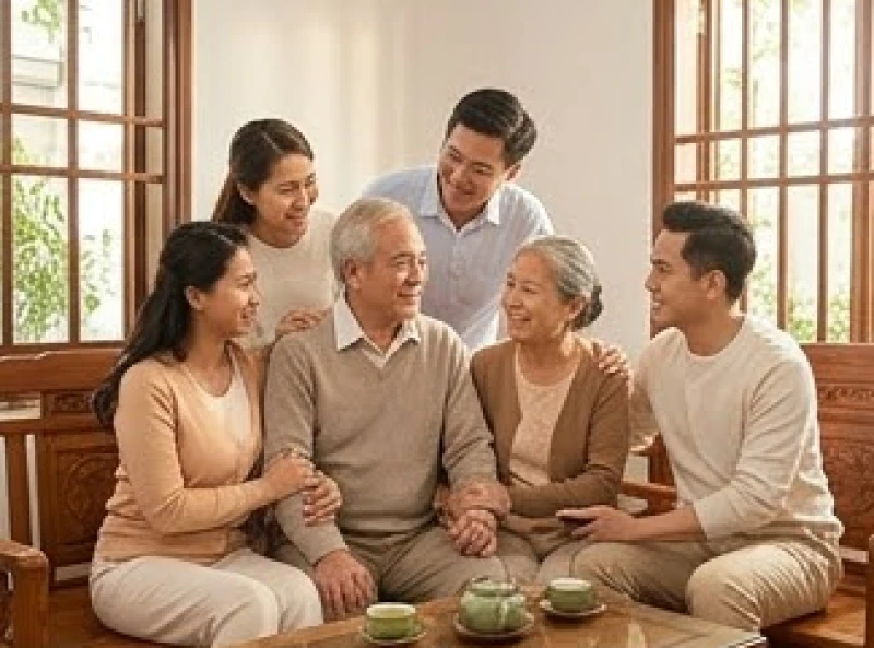 Ông bà sum vầy hạnh phúc cùng con cháu trong phòng khách truyền thống Việt Nam