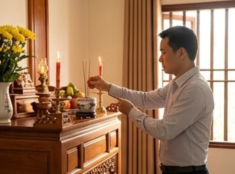 Văn khấn xin phép Thổ Công cho trẻ về nhà: Trình tự và bài cúng 7 Người cha mặc trang phục lịch sự đang cẩn thận châm nén nhang trên bàn thờ gia tiên sau khi bé đã ngủ ngoan