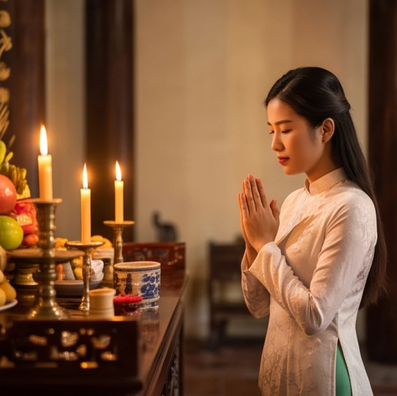 Một người phụ nữ chắp tay trang nghiêm nhẩm đọc bài văn khấn trước ban thờ trong ánh nến ấm áp