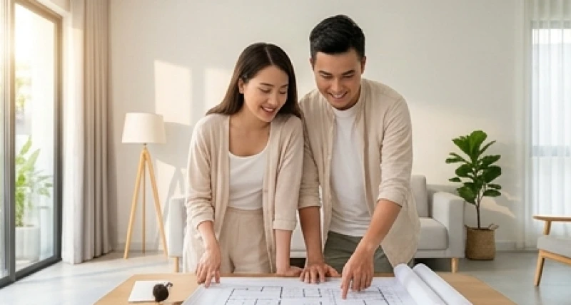 Hướng cửa chính hợp tuổi Tuất: Bảng tra 5 can chi và hóa giải 3 Vợ chồng trẻ đang cùng nhau xem bản vẽ thiết kế để thống nhất hướng nhà theo tuổi của người chồng