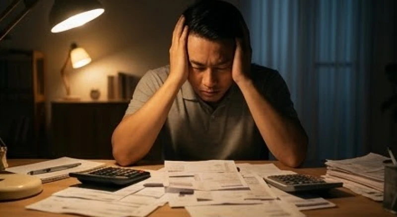 Mơ thấy chồng bị tai nạn: Giải mã bối cảnh, tâm lý và số sổ mơ 2 Người chồng gục đầu suy nghĩ bên bàn làm việc đầy giấy tờ sổ sách lúc nửa đêm dưới ánh đèn vàng le lói