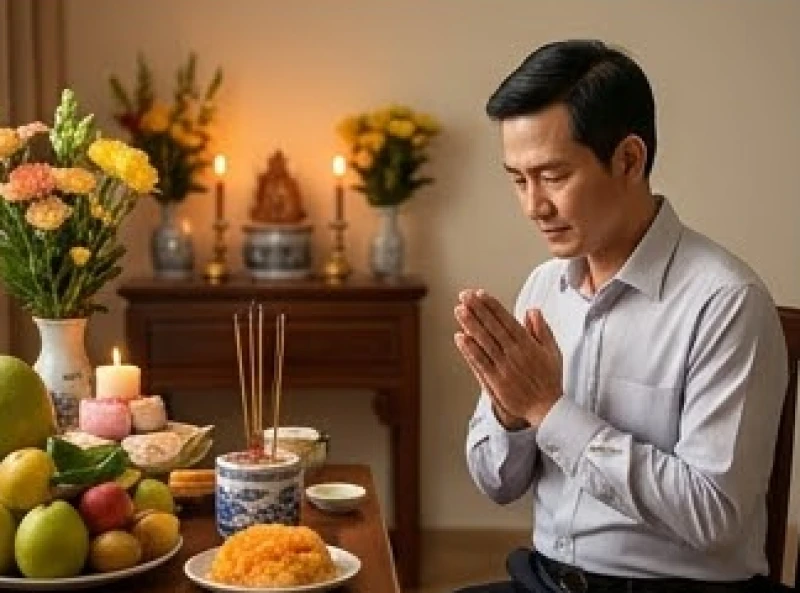 Văn khấn đầy tháng tại nhà nội: Bài cúng gia tiên và 12 Bà Mụ 9 Bố em bé mặc trang phục lịch sự chắp tay đọc văn khấn tại bàn cúng đầy tháng nhà nội