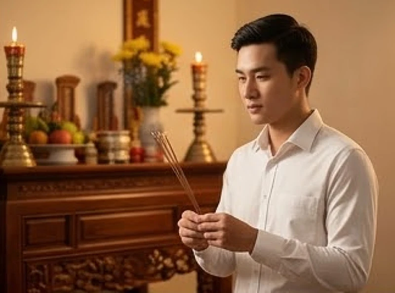 Chàng trai trong trang phục chỉnh tề tự xưng là trưởng tử khi thắp hương trước ban thờ ông bà cha mẹ