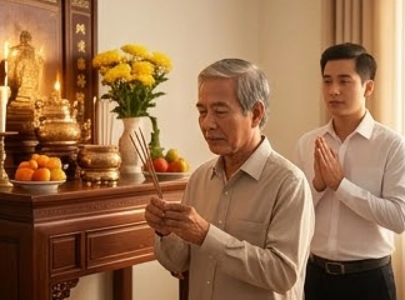 Văn khấn báo cáo gia tiên có việc vui: Bài cúng chuẩn từng hỷ sự 8 Gia chủ lớn tuổi đứng xướng lễ trong khi con cháu xếp hàng phía sau chắp tay vái lạy