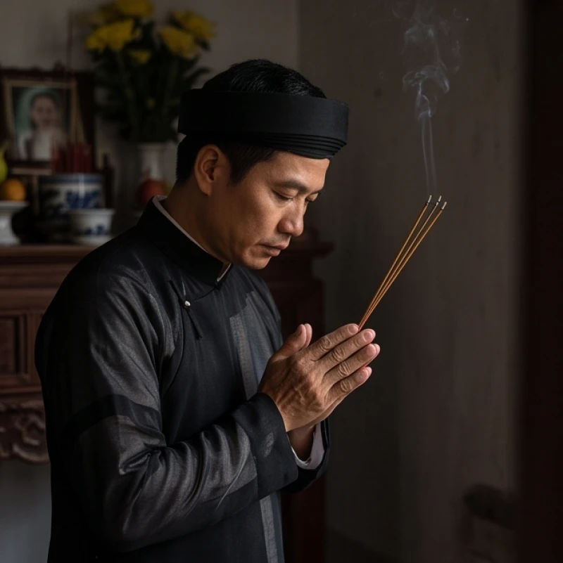 Văn khấn lễ ba ngày chuẩn phong tục: Sắm lễ và trình tự cúng 6 Người con trai trưởng chắp tay thành tâm chuẩn bị đọc bài văn khấn lễ ba ngày trước bàn thờ gia tiên