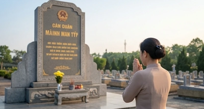 Người đàn ông chắp tay trang nghiêm đọc nhẩm bài văn khấn tại đài tưởng niệm nghĩa trang liệt sĩ