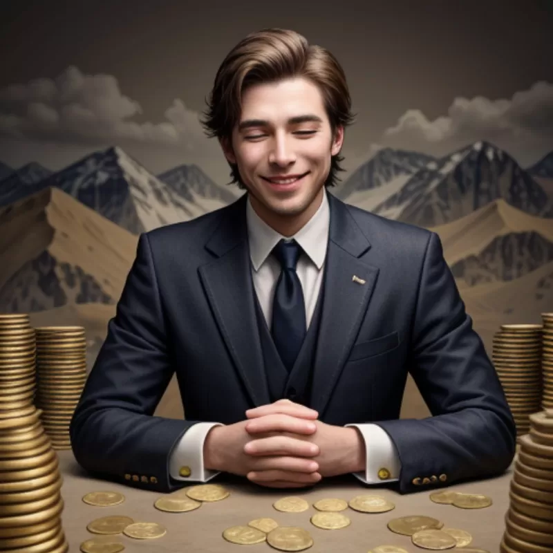 Man Smiling with Stacks of Gold Coins