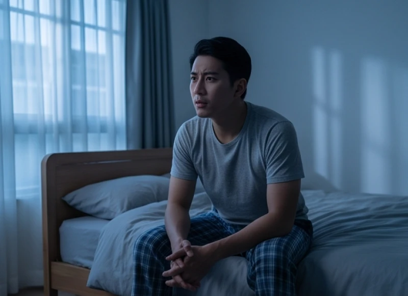 Mơ thấy vợ cũ: Giải mã điềm báo tâm linh và ẩn ức tâm lý 1 Người đàn ông ngồi trên giường với vẻ mặt bối rối và suy tư sau khi chợt tỉnh giấc giữa đêm