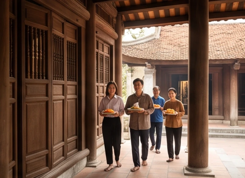 Người dâng lễ di chuyển tuần tự qua các ban thờ bên trong nội tự Đền Ngọc Sơn