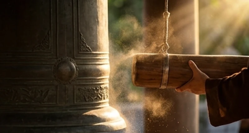 Hành động dùng sức đẩy chiếc chày kình bằng gỗ gõ vào đại hồng chung tạo ra âm thanh ngân vang