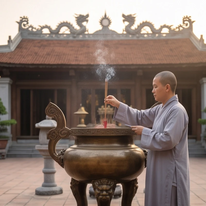 Văn khấn cầu an tại chùa: Bài khấn chuẩn và nghi thức từng ban 1 Người phụ nữ mặc áo tràng dâng nén hương trầm trước chính điện ngôi chùa Việt Nam cổ kính