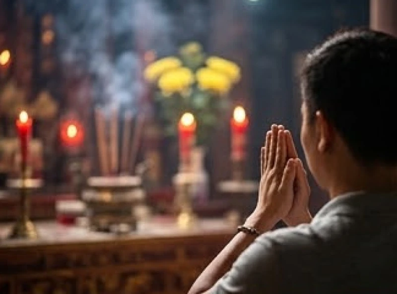 Văn khấn xin lộc Đền Quán Thánh: Bài chuẩn cầu tài lộc và sắm lễ 2 Người đi lễ thành tâm chắp tay đứng trước ban thờ đọc bài văn khấn xin lộc Đền Quán Thánh
