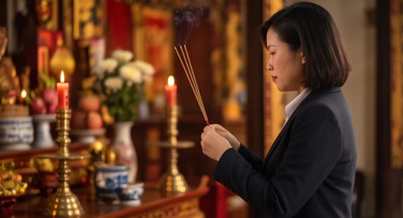 Người dân thành tâm dâng hương cầu bình an và tài lộc tại đền Đạo Mẫu