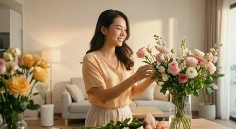 Một người phụ nữ đang cắm hoa mỉm cười rạng rỡ đón nhận những khởi đầu tình cảm tươi mới