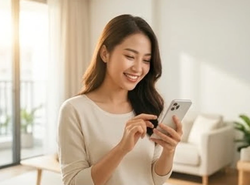 Cô gái trẻ mỉm cười khi sử dụng điện thoại thông minh để trò chuyện với đối tượng tiềm năng