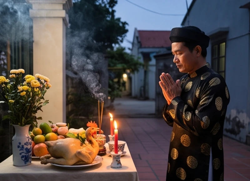 Gia chủ đứng chắp tay trang nghiêm trước bàn cúng ngoài trời để đọc bài văn khấn tất niên thỉnh chư vị Thần linh