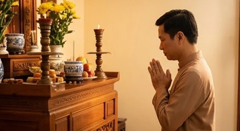 Văn khấn hạ lễ: Bài cúng chuẩn từng ban thờ và cách hóa vàng 5 Người đàn ông mặc trang phục lịch sự đứng chắp tay trang nghiêm thầm đọc lời khấn trước ban thờ