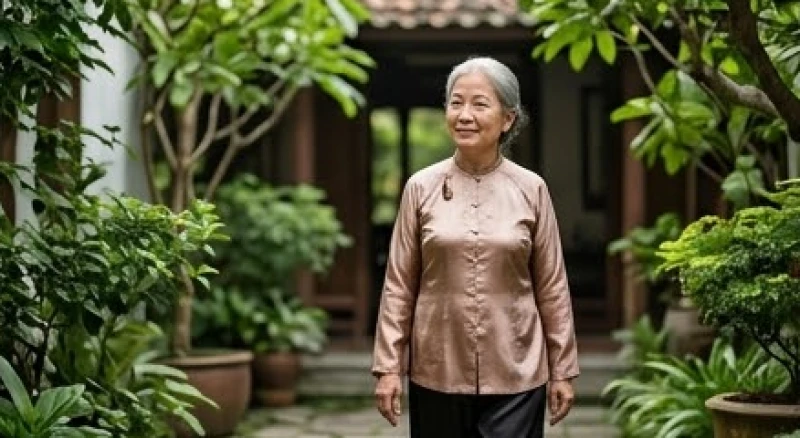 Cụ bà lớn tuổi mặc áo lụa đi dạo thong thả dưới tán cây xanh mát trong khuôn viên sân vườn