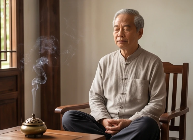 Ông cụ ngồi tĩnh tâm thư thái bên khay trà trầm hương ngát mùi thơm trong không gian yên tĩnh