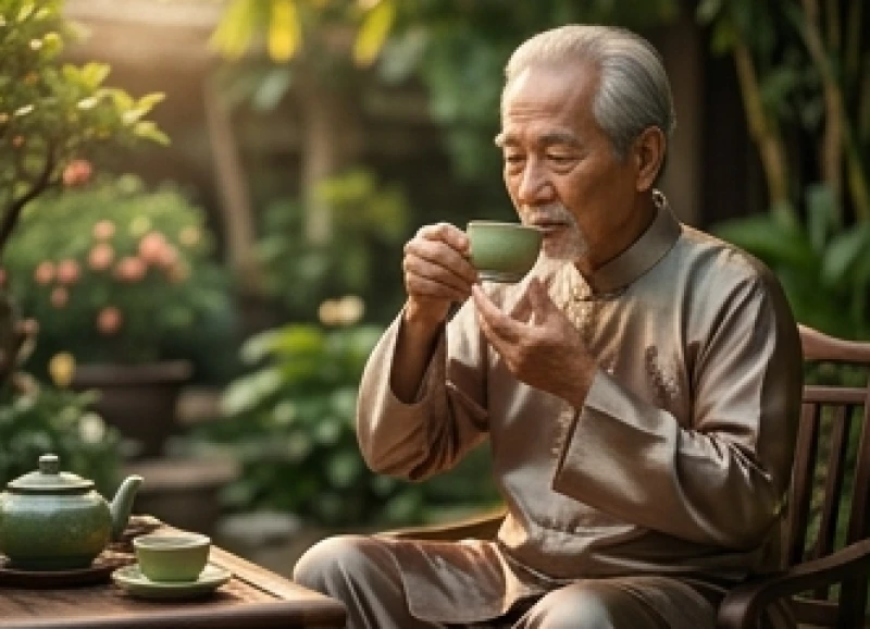 Tử vi tuổi Kỷ Hợi 1959 năm 2026: Lịch 12 tháng và mâm cúng sao 1 Nam gia chủ 68 tuổi mặc áo lụa truyền thống đang thảnh thơi uống trà trong sân vườn