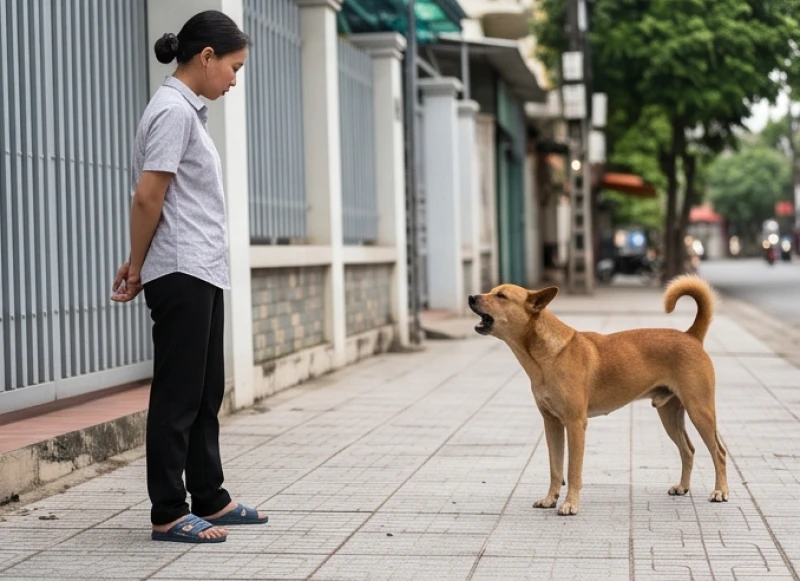 Bị chó sủa là điềm gì? Giải mã ý nghĩa và cách xử lý an toàn 8 Người phụ nữ lo lắng lùi bước khi thấy một con chó đang sủa trên vỉa hè