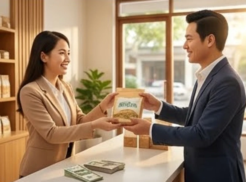 Chủ cửa hàng tươi cười trao món hàng đầu tiên cho vị khách mở hàng trong ngày khai trương