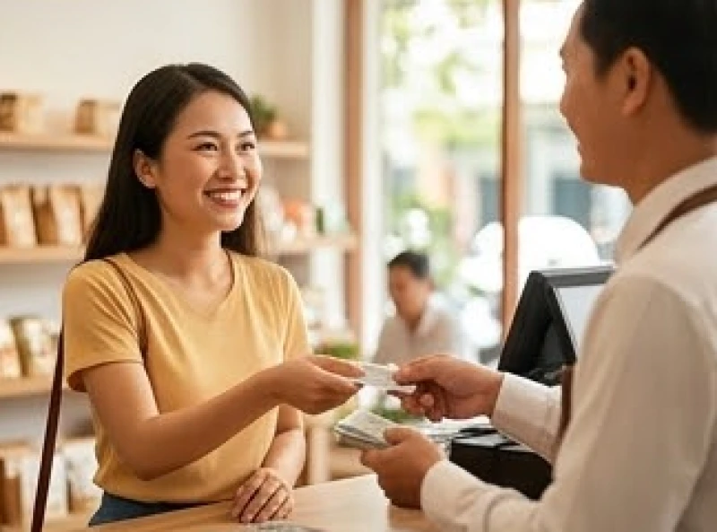 Vị khách đầu tiên có khuôn mặt tươi tắn và tính tình xởi lởi đang thanh toán món hàng vừa chọn để lấy may cho gia chủ