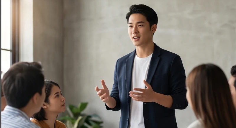 Chàng trai trẻ tự tin thuyết trình trước đám đông thể hiện tính cách bộc trực và năng động