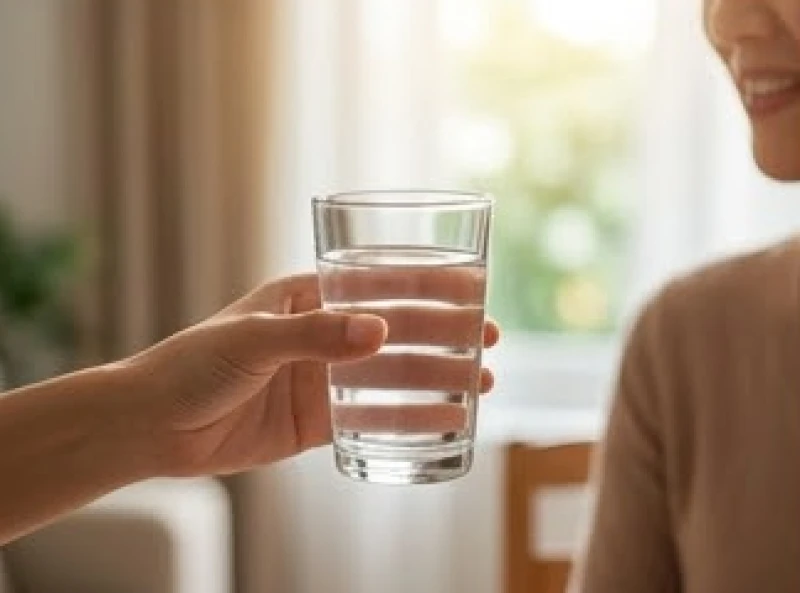 Bàn tay thân thiện đang trao ly nước lọc trong vắt cho người đối diện
