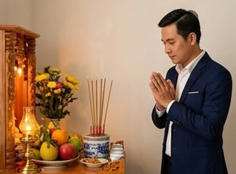 Chủ cửa hàng trang nghiêm chắp tay đứng khấn trước bàn thờ Thần Tài