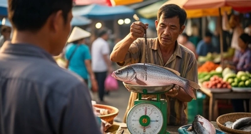 Một tiểu thương lạ mặt đang tập trung cân cá tươi cho khách hàng tại sạp hàng của mình