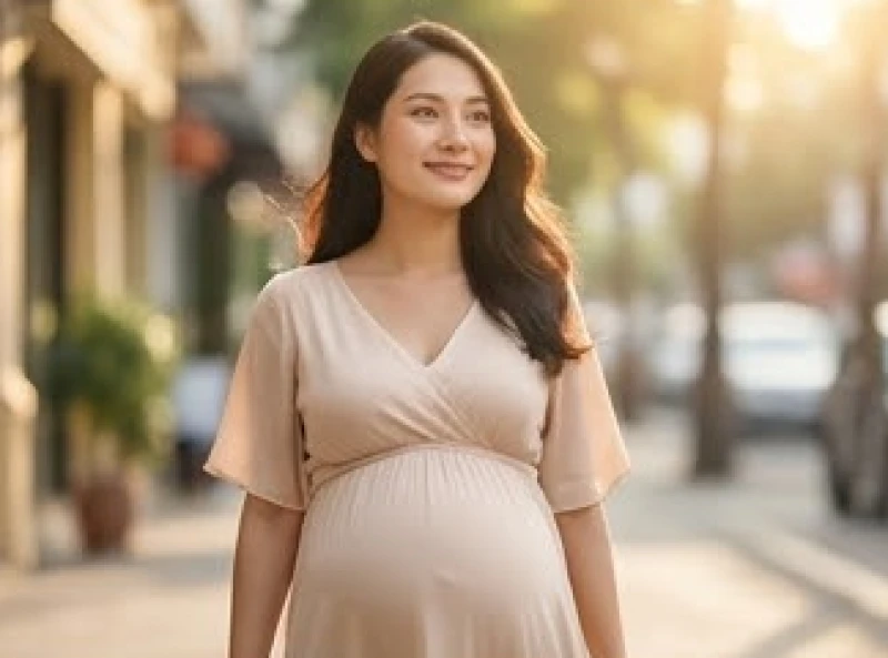 Mơ thấy người khác có thai: Giải mã điềm báo & bộ số tài lộc 4 Một người phụ nữ lạ mặt đang mỉm cười rạng rỡ dạo bước trên con phố ngập tràn ánh nắng ấm áp