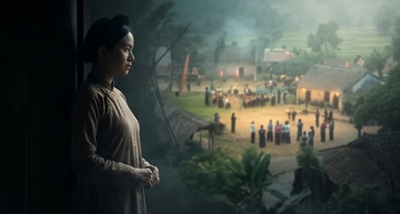 Một người phụ nữ trầm ngâm quan sát cảnh làm thịt trâu từ xa trong khung cảnh mờ sương