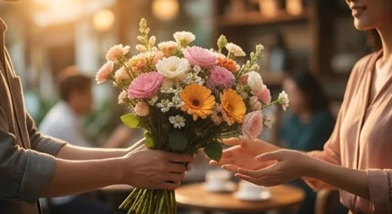 Mơ thấy được tặng hoa: Giải mã theo người tặng & số lượng 2 Bàn tay của một người ẩn danh đang trao tặng bó hoa tươi rạng rỡ cho người nhận