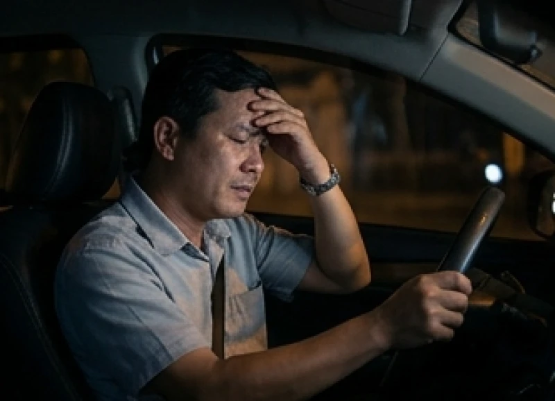 Mơ thấy công an bắt xe: Giải mã điềm báo & con số tài lộc 4 Người đàn ông trung niên bóp trán căng thẳng khi ngồi sau vô lăng ô tô trong bóng tối
